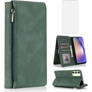 REQO Compatible with Samsung Galaxy A54 5G Wallet Case Tempered Glass Screen Protector Zipper Retro Leather Flip Cover Card Holder Stand Cell Accessories for A 54 54A SM A546U 2023 Women Green