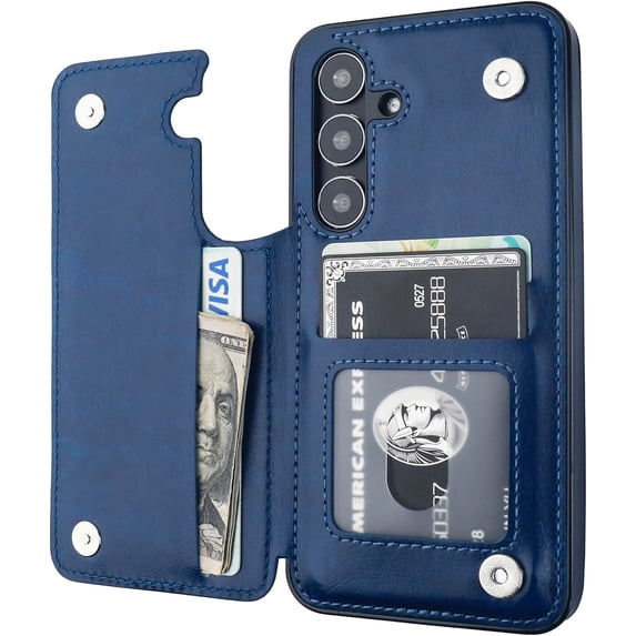 REQO Compatible with Samsung Galaxy S24 Wallet Case with Card Holder, PU Leather Kickstand Card Slots Case, Double Magnetic Clasp and Durable Shockproof Cover 5G 6.2 Inch(Blue)