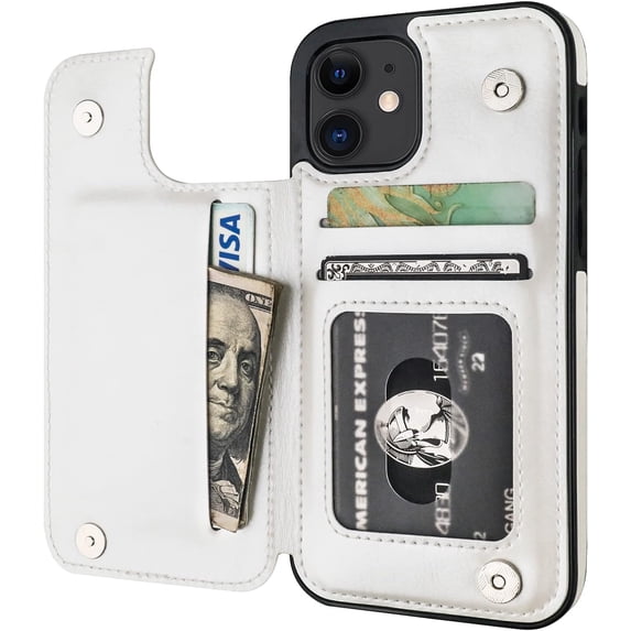 REQO Compatible with iPhone 12 Compatible with iPhone 12 Pro Wallet Case with Card Holder, PU Leather Kickstand Card Slots Case, Double Magnetic Clasp Durable Shockproof Cover 6.1 Inch(White)