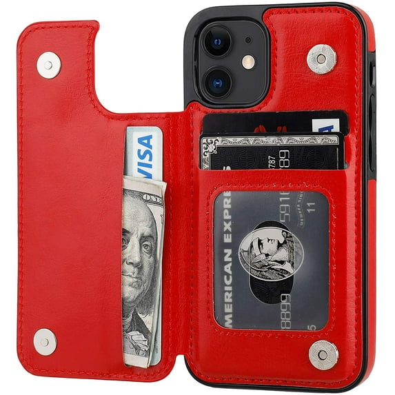 REQO Compatible with iPhone 12 Mini Wallet Case with Card Holder, PU Leather Kickstand Card Slots Case, Double Magnetic Clasp and Durable Shockproof Cover 5.4 Inch(Red)