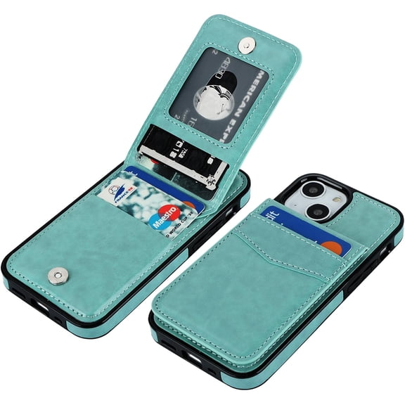 REQO Compatible with iPhone 13 Mini Case Wallet with Credit Card Holder, Premium Leather Magnetic Clasp Kickstand Heavy Duty Protective Cover for iPhone 13 Mini 5.4 Inch(Mint Green)