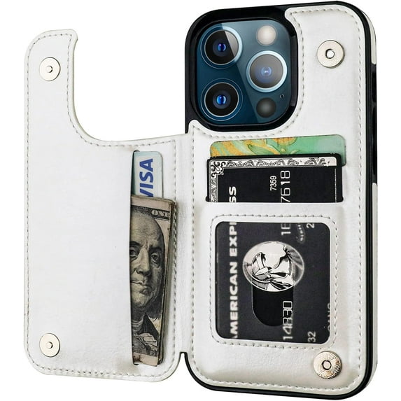 REQO Compatible with iPhone 13 Pro Wallet Case with Card Holder, PU Leather Kickstand Card Slots Case, Double Magnetic Clasp Durable Shockproof Cover 6.1 Inch(White)