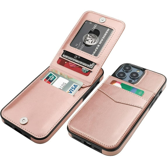 REQO Compatible with iPhone 14 Pro Case Wallet with Credit Card Holder, Flip Premium Leather Magnetic Clasp Kickstand Heavy Duty Protective Cover for iPhone 14 Pro 6.1 Inch (Rose Gold)