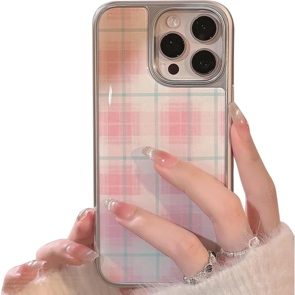 REQO Compatible for iPhone 14 Pro Max Case Cute Color Lattice Plaid Grid with Gloss Epoxy Design for Girls Women Soft TPU+PC Plating Shockproof More Protective Girly