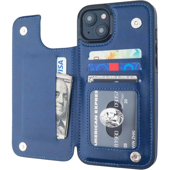 REQO Compatible with iPhone 15 Plus Wallet Case with Card Holder, PU Leather Kickstand Card Slots Case, Double Magnetic Clasp and Durable Shockproof Cover 6.7 Inch (Blue)