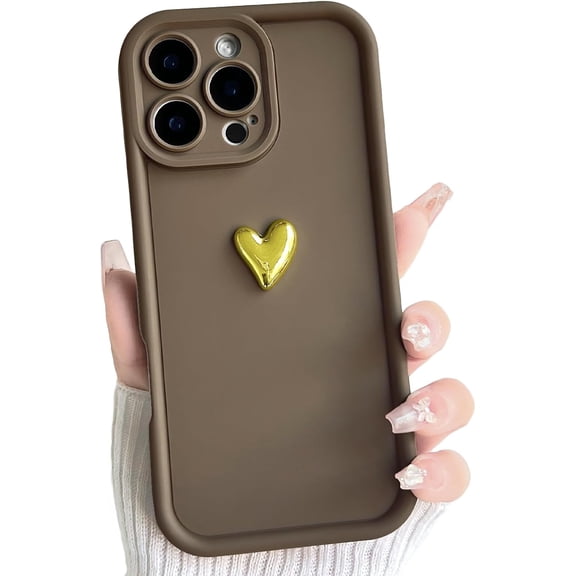 REQO Compatible for iPhone 15 Pro Case Cute Aesthetic 3D Heart with Gloss Golden Epoxy Design for Girls Women Soft TPU Shockproof More Protective Girly for iPhone 15 Pro Case