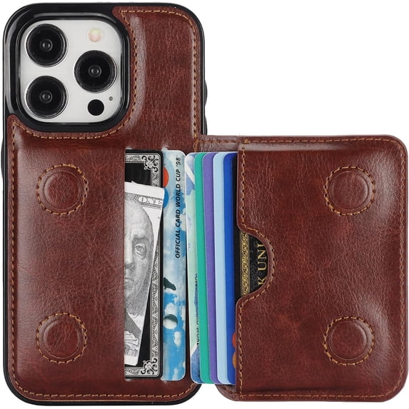 REQO Compatible with iPhone 15 Pro Wallet Case Credit Card Holder, Premium Leather Kickstand Flip Hidden Magnetic Clasp Durable Shockproof Protective Cover for iPhone 15 Pro 6.1 inch (Brown)
