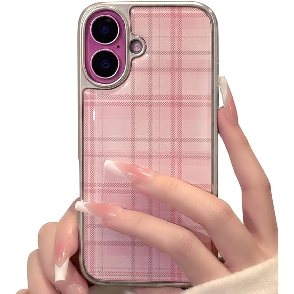 REQO Compatible for iPhone 16 Pro Case Cute Color Lattice Plaid Grid with Gloss Epoxy Design for Girls Women Soft TPU+PC Plating Shockproof More Protective Girly for iPhone 16 Pro Case