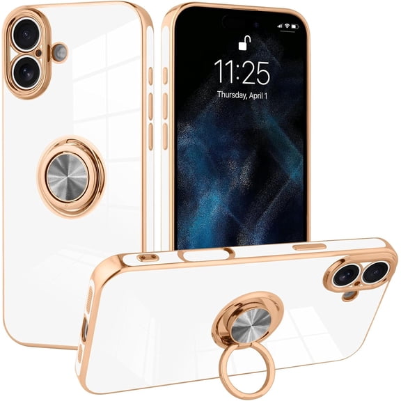 REQO Compatible with iPhone 17 Case with Phone Ring Stand Full Body Protection Plated Rose Gold Edge Luxury Kickstand Case Designed for iPhone 17 5G Women Men