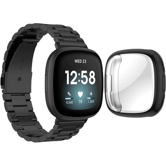 REQO Compatible with Fitbit Versa 4 / Sense 2 Bands, Stainless Steel Watch Band with TPU Case Breathable Protective Design for Men Women