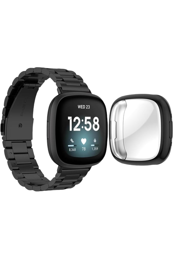 Compatible with Fitbit Versa 4 / Sense 2 Bands, Stainless Steel Watch Band with TPU Case Breathable Protective Design for Men Women