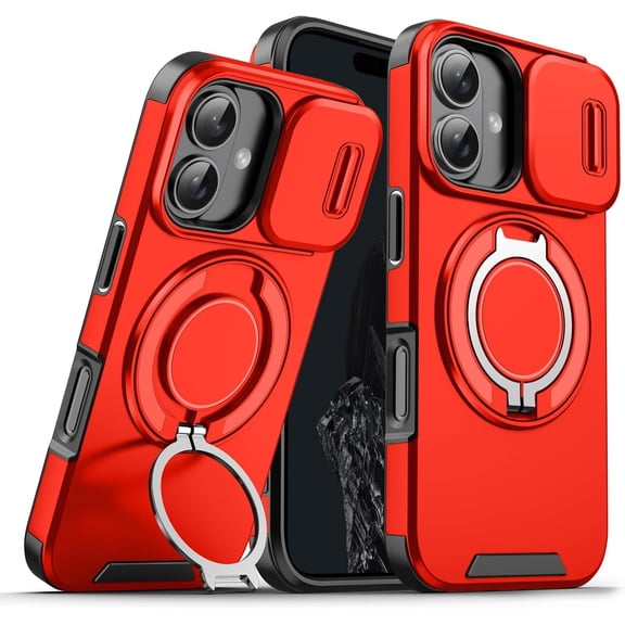 REQO Compatible with iPhone 16 Case with Privacy Slide-Lens Camera, Phone Case for iPhone 16 with Ring Stand,Funda Ultra Shockproof Black Protective