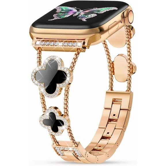 REQO Cute Clover Band Compatible with Apple Watch Bands for Women 42mm/44mm/45mm/49mm Series 10 9 Ultra SE 8 7 6 5 4 3 2 1, Luxury Sparkle Diamond Replacement Bracelet Wristband for iWatch