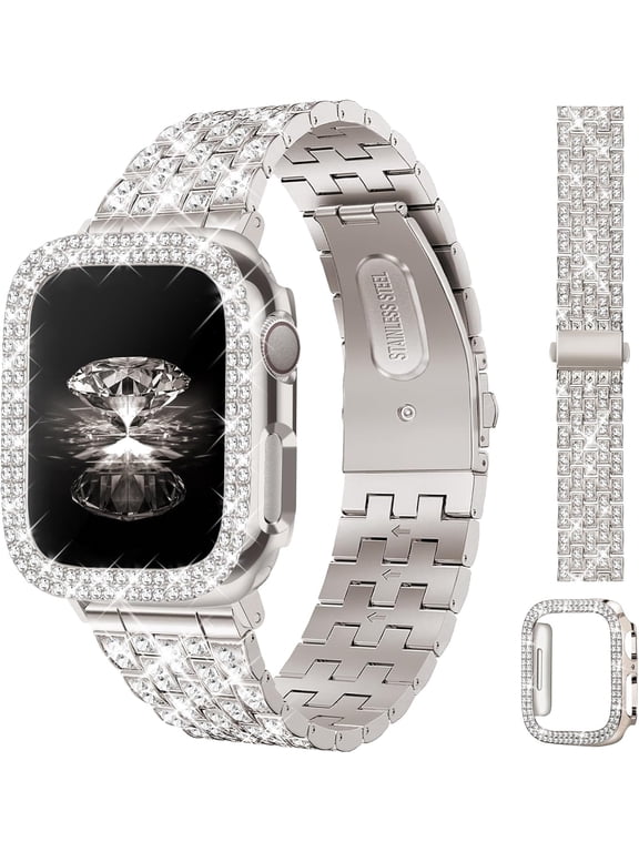 Bands with Bling Case Women Compatible with Apple Watch 40mm 38mm 41mm 44mm 45mm 42mm 46mm 49mm Luxury Metal Bracelet Replacement Strap for iWatch Series 11/10/9/8/7/6/5/4 SE/Ultra 3/2/1