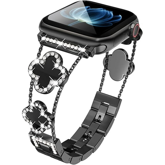REQO Diamond Lucky Clover Strap Compatible with Apple Watch Band 38mm 40mm 41mm 42mm 44mm 45mm 46mm 49mm Series 10/9/8/7/6/SE/5/4/3/2/1/Ultra - Stainless Steel Replacement Bracelet
