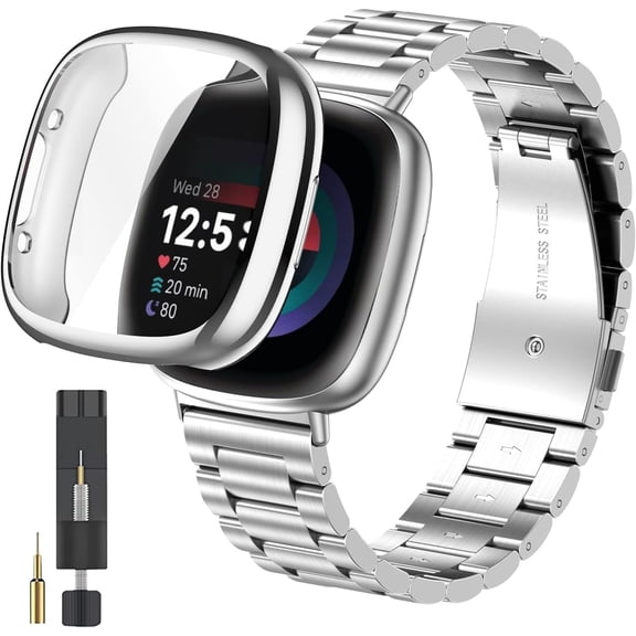 REQO for Fitbit Versa 4/Sense 2 Solid Stainless Steel Wrist Band with Watch Case,for Versa 3/Sense Metal Replacement Straps and Screen Protection Case for Women Men