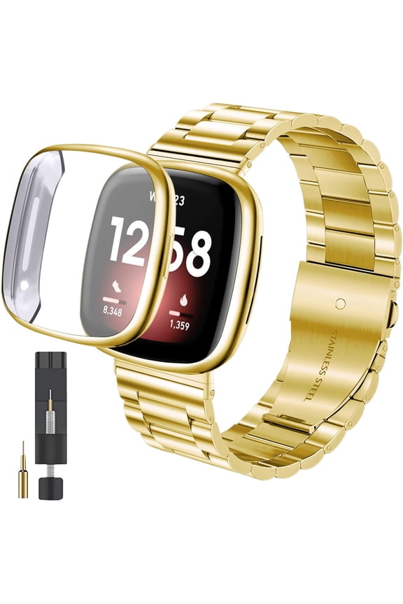 for Fitbit Versa 4/Sense 2 Solid Stainless Steel Wrist Band with Watch Case,for Versa 3/Sense Metal Replacement Straps and Screen Protection Case for Women Men