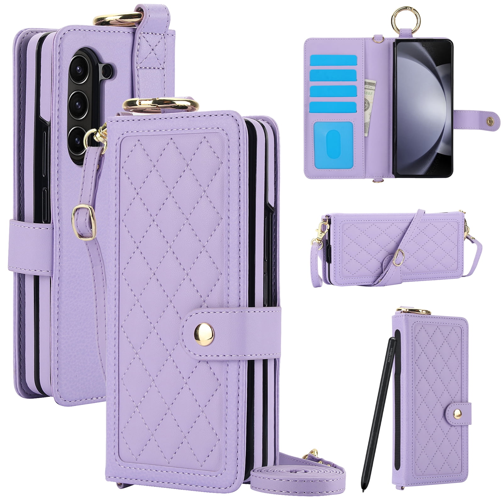 REQO Flip Phone Case for Samsung Galaxy Z Fold 6,Multifunctional Leather Wallet Cover with Wrist Strap Long Shoulder Strap RFID Blocking Case,Purple