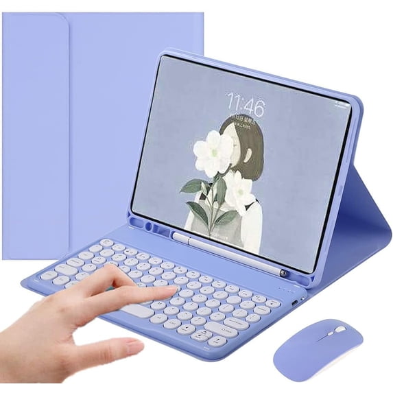 REQO Galaxy Tab S8/Tab S7 11 Inch (Model SM-X700/X706/T870/T875/T878) Case with Keyboard and Mouse Combo, Retro Round Keys Detachable Bluetooth Keyboard Cover with S Pen Holder (Purple)