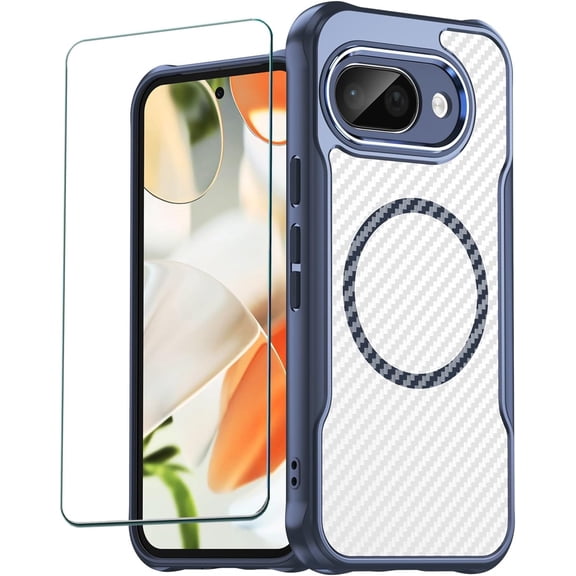 REQO for Google Pixel 9a Case with Screen Protector, Flexible Slim Carbon Fiber [Support Wireless Charging] Protection Hybrid Bumper Hard Rubber Case Cover for Google Pixel 9a (2025 6.3")