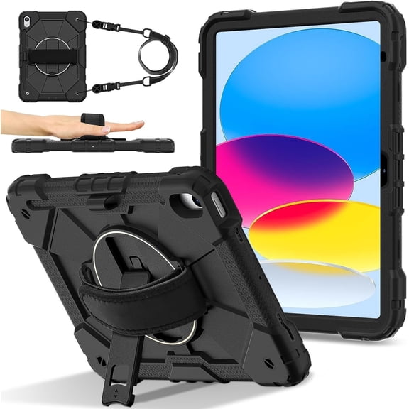 REQO Heavy Duty Protection Compatible with iPad A19 12th/A16 11th(2026/2025) Case,Multi-Function Shockproof Cover with Rotating Stand, Kickstand, Hand Strap & Shoulder Strap