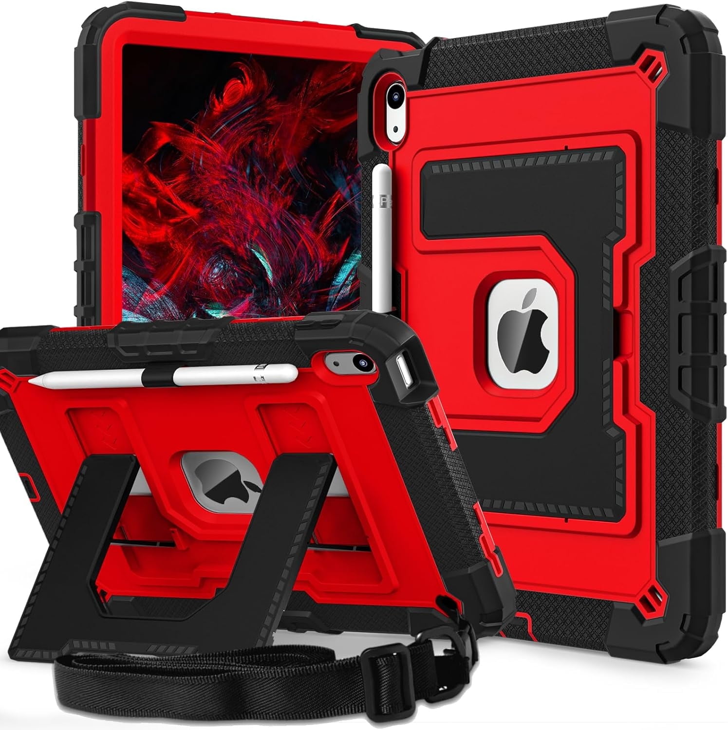REQO Heavy Duty Protective Tablet Case for iPad 11th/10th Gen 2025/2022, 3 in 1 Robot Silicone Cover with Pencil Holder,Shoulder Strap, Large Bracket Fold Kickstand