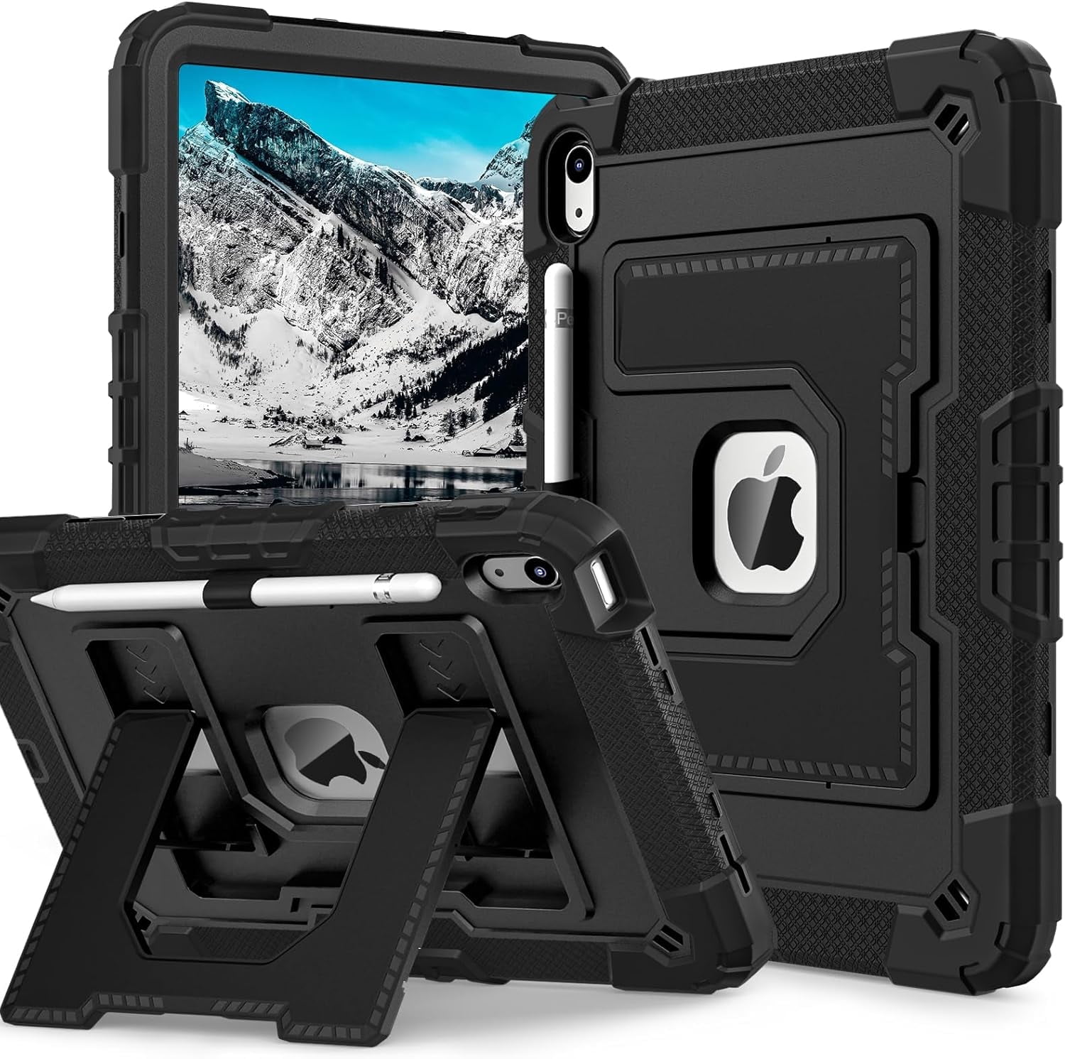 REQO Heavy Duty Protective Tablet Case for iPad 11th/10th Gen 2025/2022, 3 in 1 Robot Silicone Cover with Pencil Holder,Shoulder Strap, Large Bracket Fold Kickstand