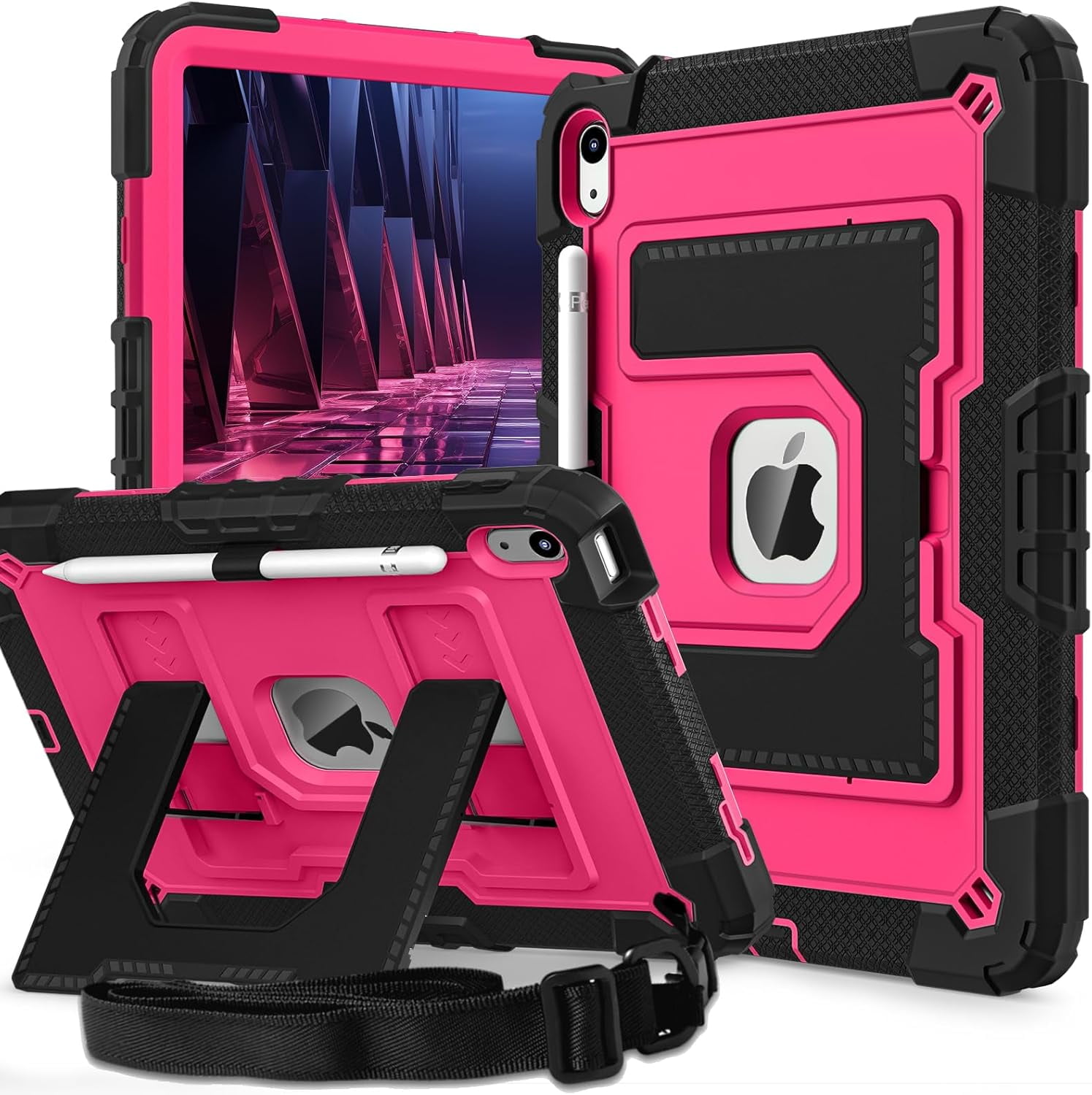 REQO Heavy Duty Protective Tablet Case for iPad 11th/10th Gen 2025/2022, 3 in 1 Robot Silicone Cover with Pencil Holder,Shoulder Strap, Large Bracket Fold Kickstand