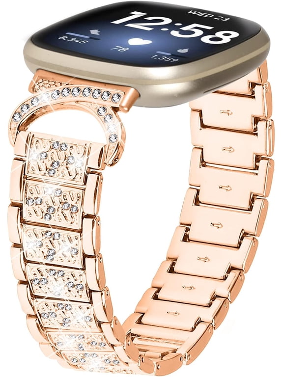 Jewelry Bling Bands for Fitbit Sense 2/Versa 3/Versa 4 Band for Women Men, Replacement Cow Horn Design Rhinestone Bracelet Metal Strap With adjustment tool for Sense 2/Versa 4