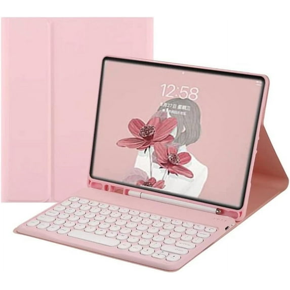 REQO Keyboard Case for Galaxy Tab A8 10.5 Inch 2022 Model (SM-X200/X205/X207) - Slim Leather Folio Cover with S Pen Holder - Magnetically Wireless Detachable Keyboard - Round Keys (Pink)
