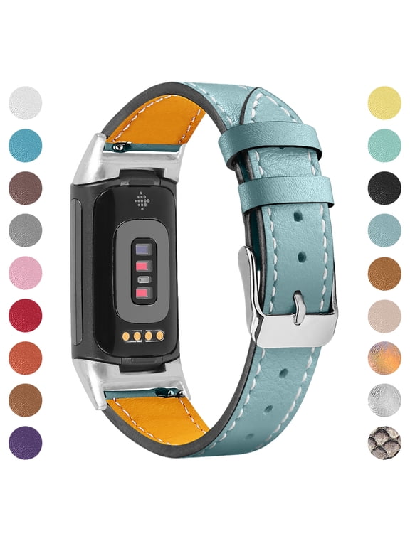 Leather Bands Compatible for Fitbit Charge 6/Charge 5, Genuine Leather Wristband Replacement Straps for Women Men