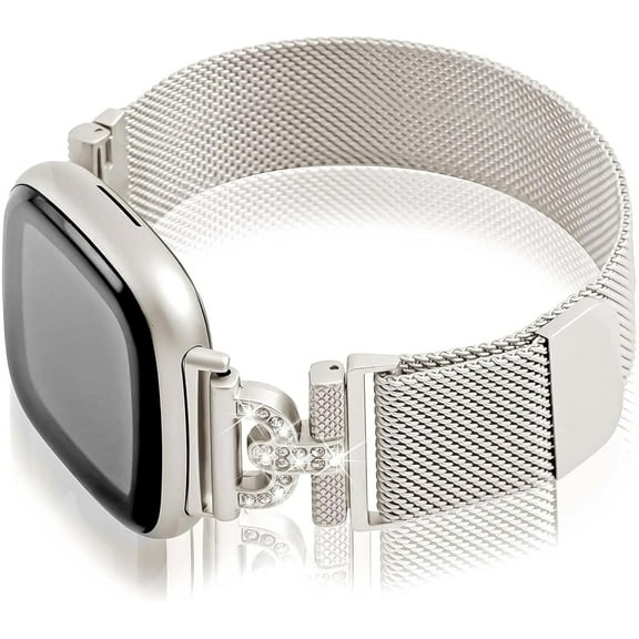 REQO Magnetic Bands Compatible for Fitbit Sense 2/Fitbit Versa 4/Fitbit Sense/Fitbit Versa 3, Mesh Stainless Steel Bling Strap, Dressy Replacement Adjustable Wristband for Women
