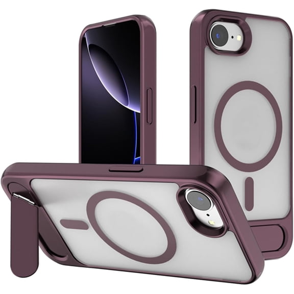 REQO Magnetic Case for iPhone 16 E/SE4, Wireless Charging Shell with Hidden Metal Kickstand Ultra Thin Shockproof Cover for Women Men