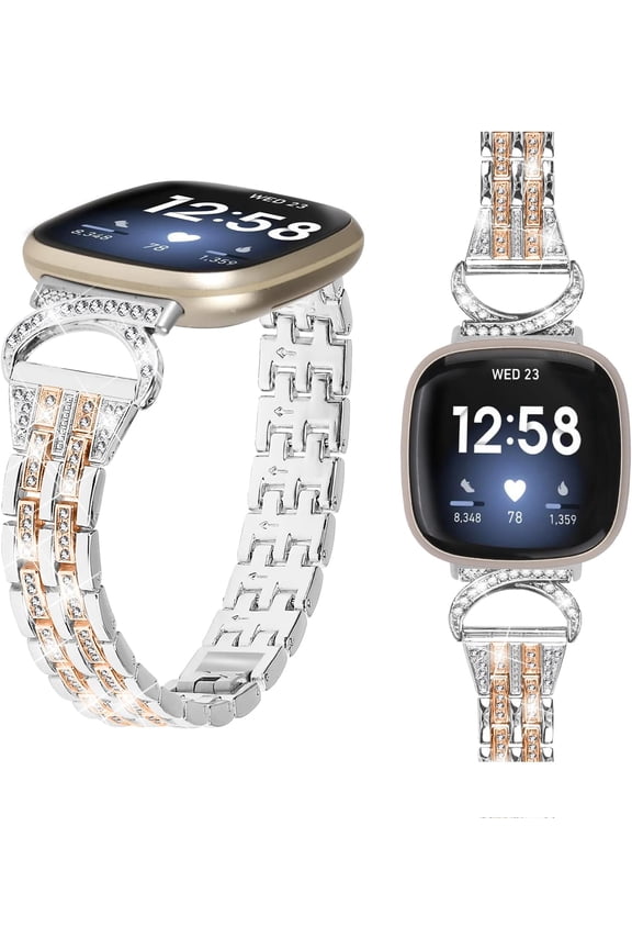Metal Bands Compatible with Fitbit Sense 2/Sense/Versa 4/Versa 3 Bands, Adjustable Classic Stainless Steel Bands Diamond Rhinestone Links Bracelet Band for Man&Women