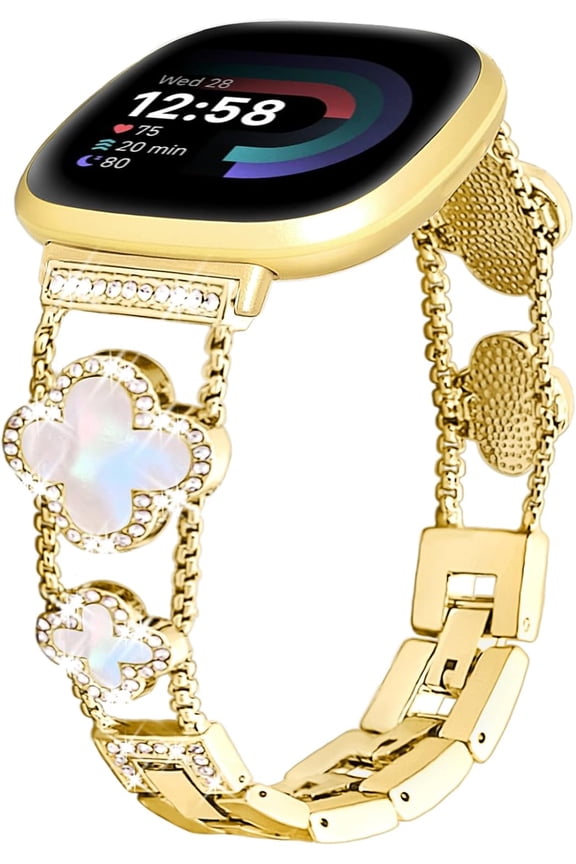 for Metal Bands, Compatible with Fitbit Versa 4/Versa 3/Fitbit Sense 2/Sense Band Smart Watch, Four Leaf Clover Stainless Watch Strap for Women