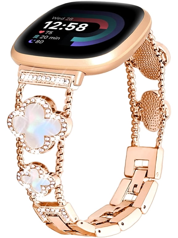 for Metal Bands, Compatible with Fitbit Versa 4/Versa 3/Fitbit Sense 2/Sense Band Smart Watch, Four Leaf Clover Stainless Watch Strap for Women