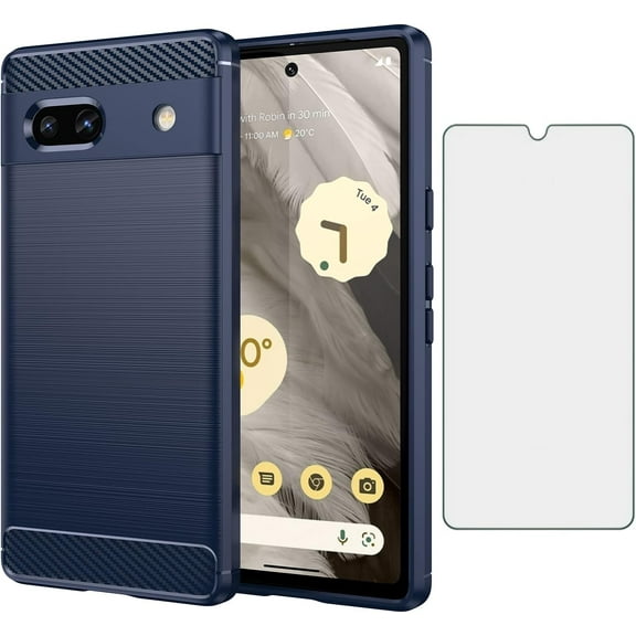 REQO Phone Case for Google Pixel 7A 5G 2023 with Tempered Glass Screen Protector Cover and Cell Accessories Soft TPU Slim Silicone Rubber Pixel7A A7 Protective Women Men Carbon Fiber Blue