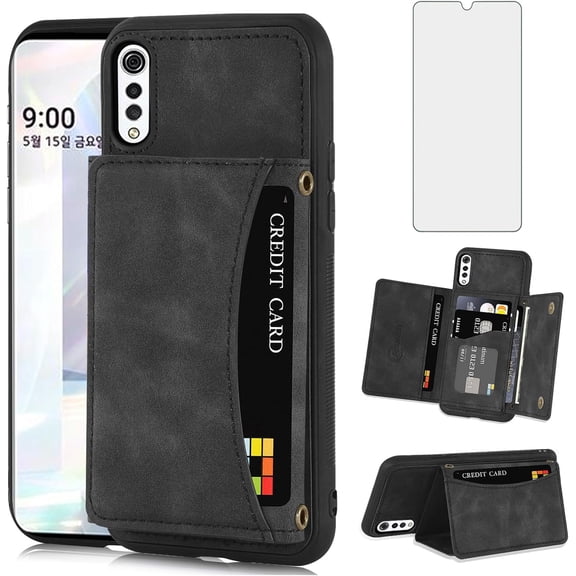 REQO Phone Case for LG Velvet 5G/LGVelvet Verizon G5 UW T-mobile 2020 Wallet Cover with Tempered Glass Screen Protector and Card Holder Stand TPU Cell Accessories LM G900UM 4G Tmobile Women Men Black