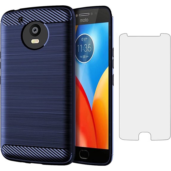 REQO Phone Case for Moto E4 Plus with Tempered Glass Screen Protector Cover and Slim Cell Accessories Protective Motorola E Plus 4th Generation MotoE4 4E + E4+ E4Plus Women Men Carbon Fiber Navy Blue