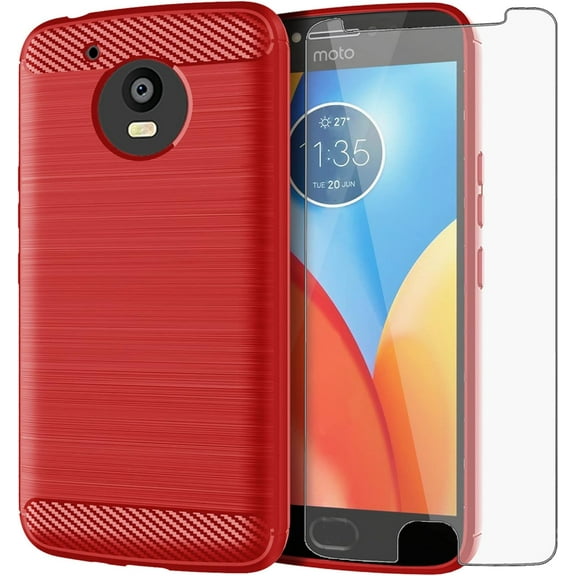 REQO Phone Case for Moto E4 Plus with Tempered Glass Screen Protector Cover and Slim Cell Accessories Protective Motorola E Plus 4th Generation MotoE4 4E + E4+ E4Plus Women Men Carbon Fiber Red