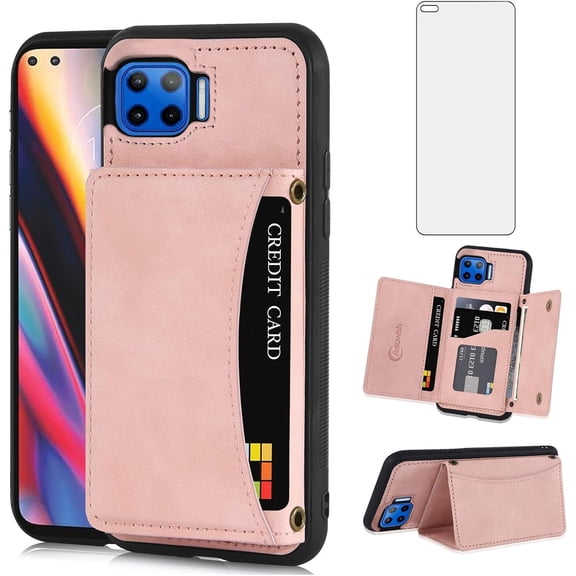 REQO Phone Case for Moto One 5G/One5G UW/Moto G G5 Plus Wallet Cover with Tempered Glass Screen Protector and PU Leather Credit Card Holder Stand TPU Cell Motorola One Lite XT2075-1 Women Men Pink