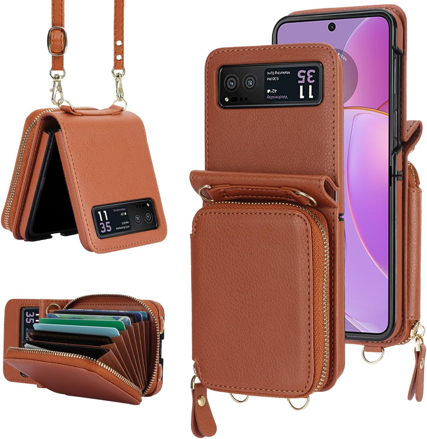 REQO Phone Case for Motorola Razr 40/Moto Razr 2023 Wallet Cover with Credit Card Holder Zipper Slot Shoulder Crossbody Strap Lanyard RFID Blocking Mobile TPU Cell Purse XT2323-6 Women Girls Brown