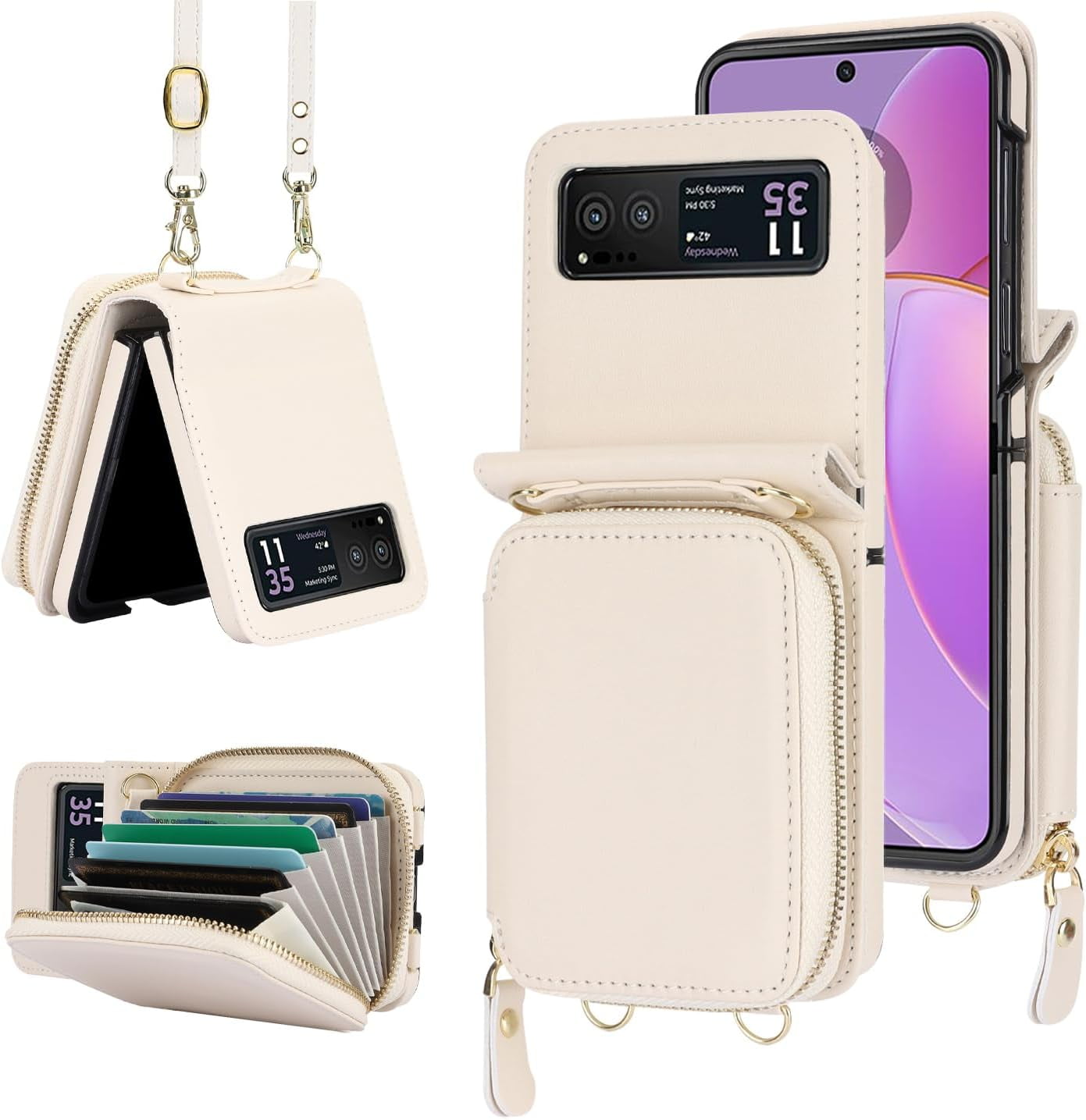 REQO Phone Case for Motorola Razr 40/Moto Razr 2023 Wallet Cover with Credit Card Holder Zipper Slot Shoulder Crossbody Strap Lanyard RFID Blocking Mobile TPU Cell Purse XT2323-6 Women Girls Off White