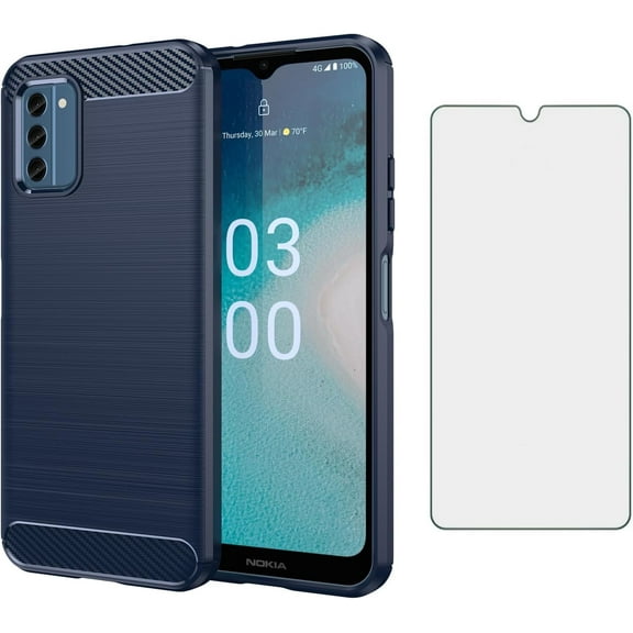 REQO Phone Case for Nokia C300 with Tempered Glass Screen Protector Cover and Cell Accessories Silicone Rubber Slim Soft TPU Protective Hybrid C 300 300C TA-1515 2023 Women Men Carbon Fiber Blue