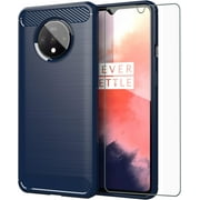 REQO Phone Case for OnePlus 7T with Tempered Glass Screen Protector Cover and Slim TPU Cell Accessories Protective OnePlus7t 5G One Plus7T 1 Plus T7 1plus + 1+ 1+7T Women Men Carbon Fiber Blue