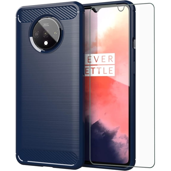 REQO Phone Case for OnePlus 7T with Tempered Glass Screen Protector Cover and Slim TPU Cell Accessories Protective OnePlus7t 5G One Plus7T 1 Plus T7 1plus + 1+ 1+7T Women Men Carbon Fiber Blue
