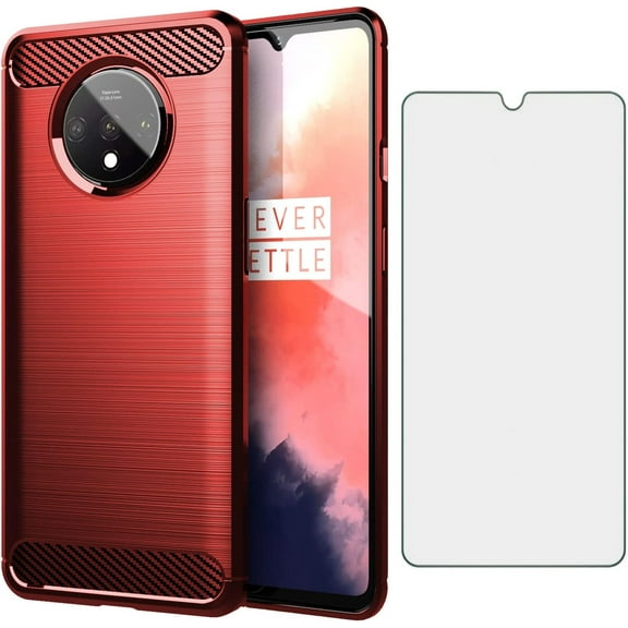 REQO Phone Case for OnePlus 7T with Tempered Glass Screen Protector Cover and Slim TPU Cell Accessories Protective OnePlus7t 5G One Plus7T 1 Plus T7 1plus + 1+ 1+7T Women Men Carbon Fiber Red