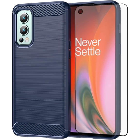 REQO Phone Case for OnePlus Nord 2 5G with Tempered Glass Screen Protector Cover and Slim Soft TPU Cell Accessories Protective One Plus On 1 Plus 1plus One+ 1+ Nord2 Women Men Carbon Fiber Blue