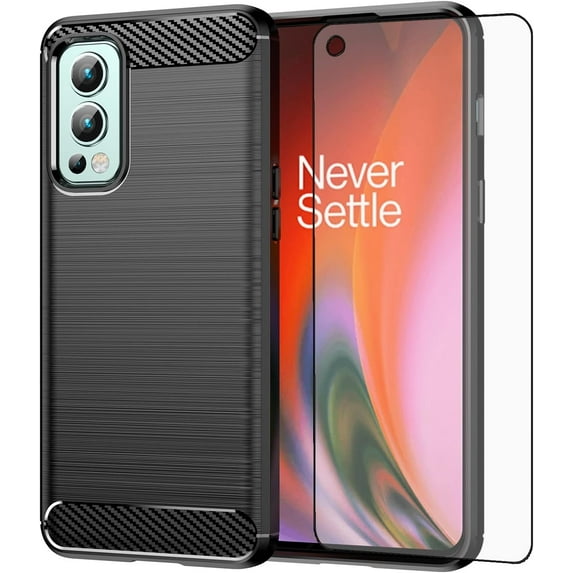 REQO Phone Case for OnePlus Nord 2 5G with Tempered Glass Screen Protector Cover and Slim Soft TPU Cell Accessories Protective One Plus On 1 Plus 1plus One+ 1+ Nord2 Women Men Carbon Fiber Black