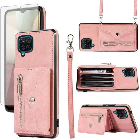 REQO Phone Case for Samsung Galaxy A12/M12 Wallet Cover with Tempered Glass Screen Protector Wrist Crossbody Strap Shoulder Lanyard Credit Card Holder Stand Leather Cell A 12 5G A-12 S12 12A 4G